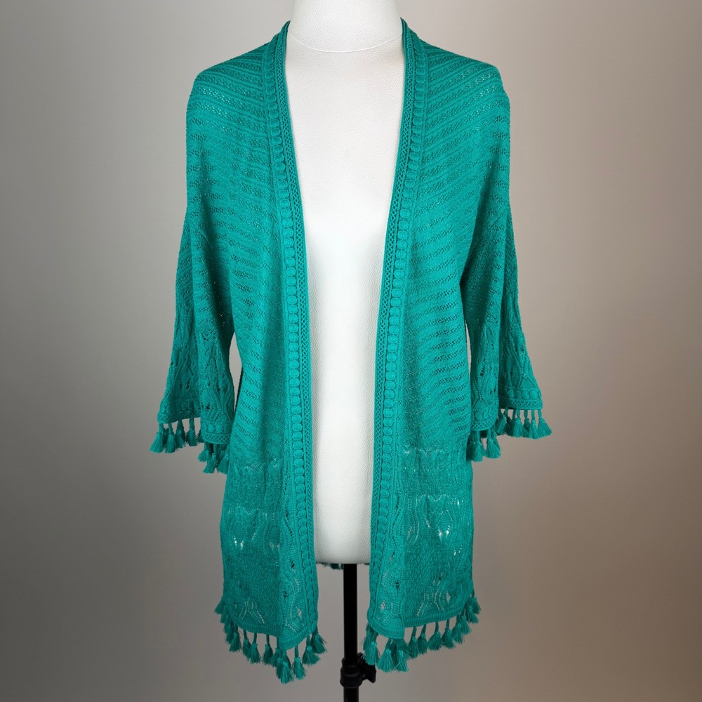 Chicos Sz 0 Teal Green Pointelle Knit Tassel Fringe Cardigan Sweater Women Small